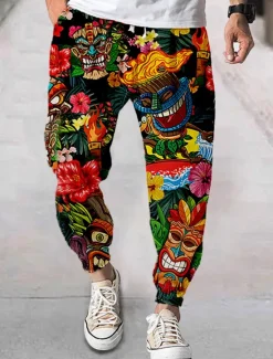 Clearance OUKU Men's Joggers Trousers Summer Pants Beach Pants Drawstring Elastic Waist Cartoon Graphic Prints Flower / Floral Comfort Breathable Sports Outdoor Casual Daily Streetwear Designer Red Orange