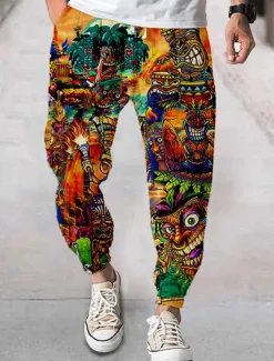 Clearance OUKU Men's Joggers Trousers Summer Pants Beach Pants Drawstring Elastic Waist Cartoon Graphic Prints Flower / Floral Comfort Breathable Sports Outdoor Casual Daily Streetwear Designer Red Orange