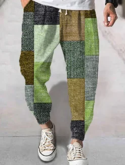 New OUKU Men's Joggers Trousers Summer Pants Beach Pants Drawstring Elastic Waist 3D Print Color Block Graphic Prints Geometry Comfort Breathable Sports Outdoor Casual Daily Streetwear Designer Yellow Green