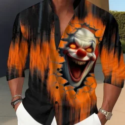 New OUKU Men's Joker Clown Ripped Shirt Stand Collar Shirt Long Sleeve Dark Punk Gothic Style Holiday Spring Fall Mandarin Collar Band Collar 3D Print Button Up Shirts Blue Orange Green