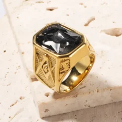 Discount OUKU men's 14k yellow gold plated emerald cut simulated red ruby nugget style ring size 9 Golden + Emerald