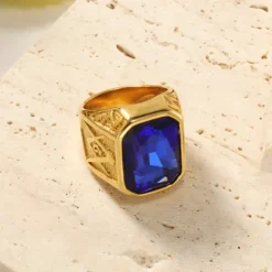 Discount OUKU men's 14k yellow gold plated emerald cut simulated red ruby nugget style ring size 9 Golden + Emerald