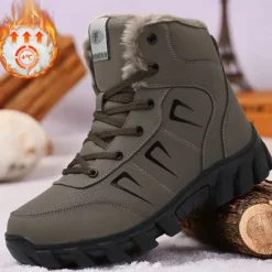 Hot OUKU Men's Khaki Winter Hiking Boots – Fur-Lined Warm Outdoor Boots with Durable Non-Slip Sole for Cold Weather