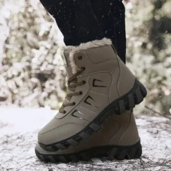 Hot OUKU Men's Khaki Winter Hiking Boots – Fur-Lined Warm Outdoor Boots with Durable Non-Slip Sole for Cold Weather