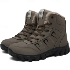 Hot OUKU Men's Khaki Winter Hiking Boots – Fur-Lined Warm Outdoor Boots with Durable Non-Slip Sole for Cold Weather