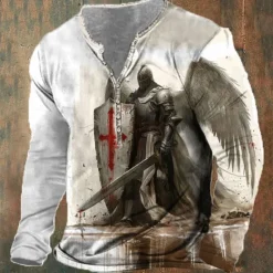 Sale OUKU Men's Knights Templar Christian T shirt Henley Shirt Long Sleeve 3D Print Designer Retro Vintage Street Casual Daily Summer Spring Fall White Khaki Henley Henley T-Shirt