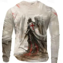 Sale OUKU Men's Knights Templar Christian T shirt Henley Shirt Long Sleeve 3D Print Designer Retro Vintage Street Casual Daily Summer Spring Fall White Khaki Henley Henley T-Shirt