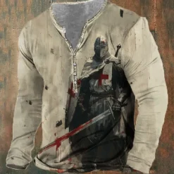 Clearance OUKU Men's Knights Templar Christian T shirt Henley Shirt Long Sleeve 3D Print Designer Retro Vintage Street Casual Daily Summer Spring Fall Henley Henley T-Shirt Khaki