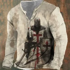 Clearance OUKU Men's Knights Templar Christian T shirt Henley Shirt Long Sleeve 3D Print Designer Retro Vintage Street Casual Daily Summer Spring Fall Henley Henley T-Shirt Khaki