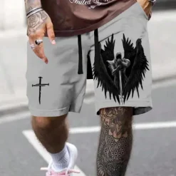 New OUKU Men's Knights Templar Cross Religion Sweat Shorts Beach Shorts Terry Shorts Mid Waist Vintage Casual Daily Holiday Streetwear Drawstring Elastic Waist 3D Print Designer Clothing Apparel
