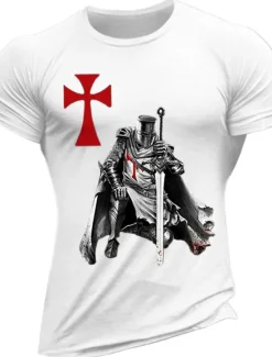 Sale OUKU Men's Knights Templar Graphic Prints Faith T Shirt Graphic Tee Cotton Short Sleeves Graphic Shirt Wine Black White Comfortable Tee Vacation Street Fashion Designer Clothing