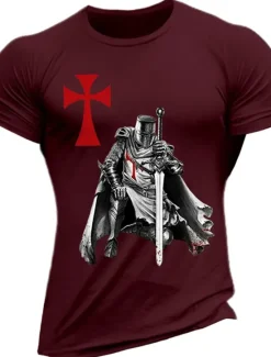 Sale OUKU Men's Knights Templar Graphic Prints Faith T Shirt Graphic Tee Cotton Short Sleeves Graphic Shirt Wine Black White Comfortable Tee Vacation Street Fashion Designer Clothing