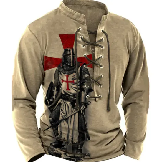 Online OUKU Men's Knights Templar Graphic Prints Graphic Tee Vintage Shirt Long Sleeve T shirt Shirt Fashion Designer Casual Outdoor Vacation Daily Wear Blue Brown Green Spring & Fall Clothing Apparel S M L XL