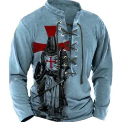 Online OUKU Men's Knights Templar Graphic Prints Graphic Tee Vintage Shirt Long Sleeve T shirt Shirt Fashion Designer Casual Outdoor Vacation Daily Wear Blue Brown Green Spring & Fall Clothing Apparel S M L XL
