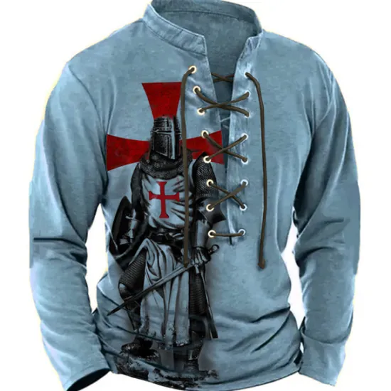 Online OUKU Men's Knights Templar Graphic Prints Graphic Tee Vintage Shirt Long Sleeve T shirt Shirt Fashion Designer Casual Outdoor Vacation Daily Wear Blue Brown Green Spring & Fall Clothing Apparel S M L XL