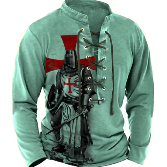 Online OUKU Men's Knights Templar Graphic Prints Graphic Tee Vintage Shirt Long Sleeve T shirt Shirt Fashion Designer Casual Outdoor Vacation Daily Wear Blue Brown Green Spring & Fall Clothing Apparel S M L XL