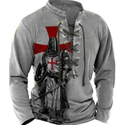 Online OUKU Men's Knights Templar Graphic Prints Graphic Tee Vintage Shirt Long Sleeve T shirt Shirt Fashion Designer Casual Outdoor Vacation Daily Wear Blue Brown Green Spring & Fall Clothing Apparel S M L XL