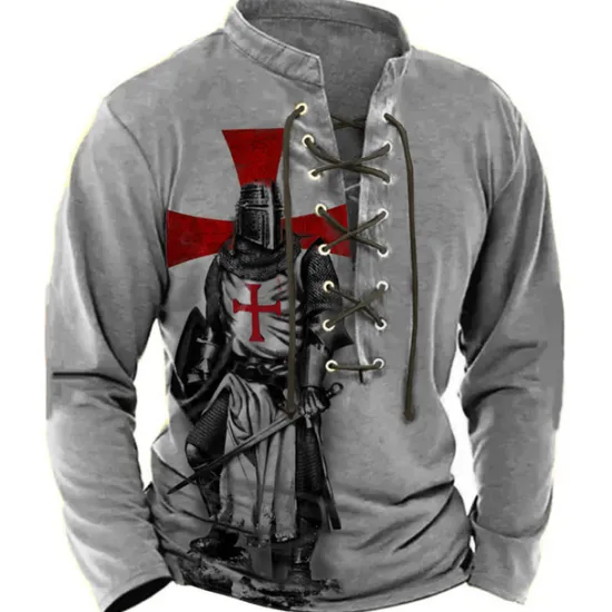 Online OUKU Men's Knights Templar Graphic Prints Graphic Tee Vintage Shirt Long Sleeve T shirt Shirt Fashion Designer Casual Outdoor Vacation Daily Wear Blue Brown Green Spring & Fall Clothing Apparel S M L XL