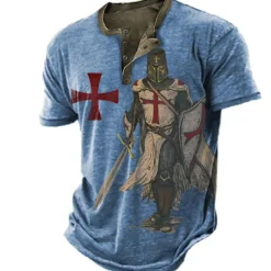 New OUKU Men's Knights Templar Graphic Prints Henley Shirt Graphic Tee Short Sleeve Fashion Basic Casual Outdoor Daily Going out Spring & Summer Blue Sky Blue Brown Green Gray Henley Henley T-Shirt