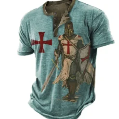 New OUKU Men's Knights Templar Graphic Prints Henley Shirt Graphic Tee Short Sleeve Fashion Basic Casual Outdoor Daily Going out Spring & Summer Blue Sky Blue Brown Green Gray Henley Henley T-Shirt