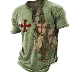 New OUKU Men's Knights Templar Graphic Prints Henley Shirt Graphic Tee Short Sleeve Fashion Basic Casual Outdoor Daily Going out Spring & Summer Blue Sky Blue Brown Green Gray Henley Henley T-Shirt