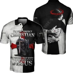 Online OUKU Men's Knights Templar Polo Shirts Golf Shirt Short Sleeve Polo Shirts Collared Shirts Vintage Casual Vacation Wear Festival Wear Party Outfits Buttons 3D Print Black-White Black White