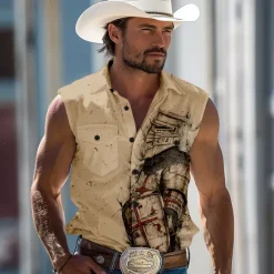 Outlet OUKU Men's Knights Templar Shirt Western Shirt Cowboy Shirt Sleeveless Western Style Outdoor Work Causal Summer Spring Turndown 3D Print Button Up Shirts White Green Khaki