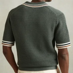 Hot OUKU Men's Knit Polo Sweater Cardigan Casual Holiday Ribbed Polo Collar Classic Short Sleeve Fashion Old Money Style Striped Button Front Summer Spring Fall Knit Polo Sweater Green