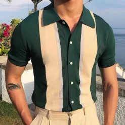 Hot OUKU Men's Knit Polo Sweater Golf Shirt Daily Wear Shirt Collar Short Sleeves Stylish Vintage Style Striped Knitted Summer Winter Regular Fit Black White Navy Blue Green Coffee Knit Polo Sweater