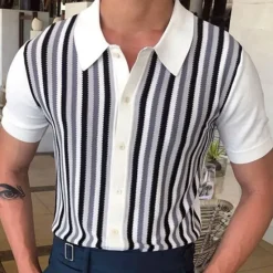 Hot OUKU Men's Knit Polo Sweater Golf Shirt Daily Wear Shirt Collar Short Sleeves Stylish Vintage Style Striped Knitted Summer Winter Regular Fit Black White Navy Blue Green Coffee Knit Polo Sweater