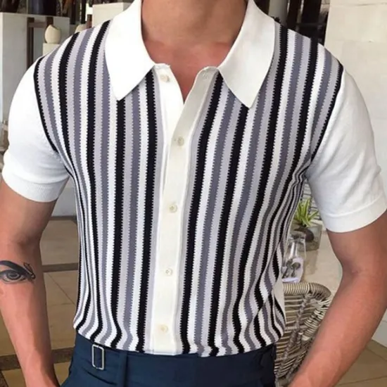 Hot OUKU Men's Knit Polo Sweater Golf Shirt Daily Wear Shirt Collar Short Sleeves Stylish Vintage Style Striped Knitted Summer Winter Regular Fit Black White Navy Blue Green Coffee Knit Polo Sweater