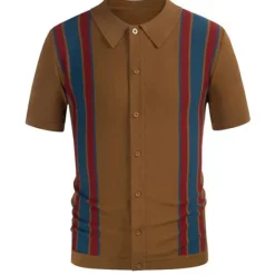 Online OUKU Men's Knit Polo Sweater Golf Shirt Causal Polo Collar Button Short Sleeves Vintage Style Old Money Style Stripe Button Front Summer Spring Black Brown Dark Blue Knit Polo Sweater