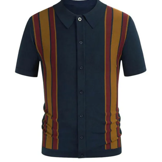 Online OUKU Men's Knit Polo Sweater Golf Shirt Causal Polo Collar Button Short Sleeves Vintage Style Old Money Style Stripe Button Front Summer Spring Black Brown Dark Blue Knit Polo Sweater