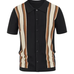 Online OUKU Men's Knit Polo Sweater Golf Shirt Causal Polo Collar Button Short Sleeves Vintage Style Old Money Style Stripe Button Front Summer Spring Black Brown Dark Blue Knit Polo Sweater
