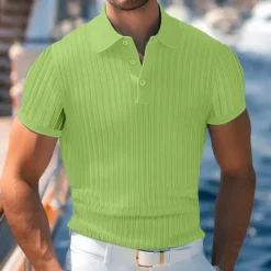 Best OUKU Men's Knit Polo Sweater Golf Shirt Business Casual Classic Short Sleeve Basic Modern Color Block Button Summer Spring Light Blue Pink Green Knit Polo Sweater