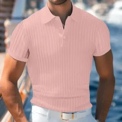 Best OUKU Men's Knit Polo Sweater Golf Shirt Business Casual Classic Short Sleeve Basic Modern Color Block Button Summer Spring Light Blue Pink Green Knit Polo Sweater