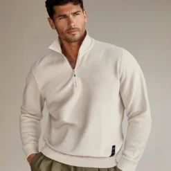 Sale OUKU Men's Knit Solid Color Half Zip Knitwear Elegant Christmas Gifts Home Clothing Apparel Fall Winter Light Grey Beige S M L