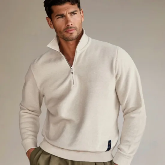 Sale OUKU Men's Knit Solid Color Half Zip Knitwear Elegant Christmas Gifts Home Clothing Apparel Fall Winter Light Grey Beige S M L