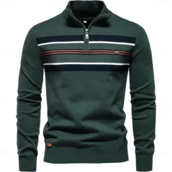 Outlet OUKU Men's Knit Striped Half Zip Knitwear Elegant Christmas Gifts Home Clothing Apparel Bishop Sleeve Fall Winter Navy Blue Dark Green S M L