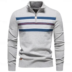 Outlet OUKU Men's Knit Striped Half Zip Knitwear Elegant Christmas Gifts Home Clothing Apparel Bishop Sleeve Fall Winter Navy Blue Dark Green S M L