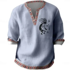 Sale OUKU Men's Kokopelli Shirt Button Up Shirt Henley Shirt Long Sleeve Vintage Casual Tribal Vacation Daily Beach Summer Spring Fall V Neck 3D Print Black Blue Khaki
