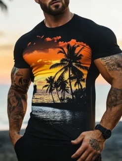 Hot OUKU Men's Landscape Palm Tree T Shirt Short Sleeve T shirt 3D Print Crew Neck Shirt Fashion Athleisure Street Daily Hawaiian Summer Spring Clothing Apparel S M L XL XXL XXXL Black