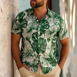 Sale OUKU Men's Leaf Aloha Shirt Short Sleeve Hawaiian Vacation Summer Spring Turndown Button Up White Blue Green