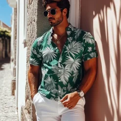 Sale OUKU Men's Leaf Aloha Shirt Short Sleeve Hawaiian Vacation Summer Spring Turndown Button Up White Blue Green