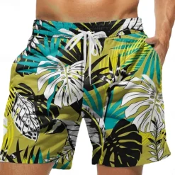 Hot OUKU Men's Leaf Coconut Tree Print Swim Trunks Swim Shorts Board Shorts Mid Waist Fashion Streetwear Designer Casual Daily Holiday Pocket Drawstring Elastic Waist Designer Clothing Apparel Green