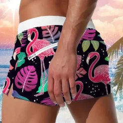 Outlet OUKU Men's Leaf Flamingo Plants Swim Trunks Swim Shorts Board Shorts Mid Waist Fashion Designer Surfing Holiday Beach Pocket Drawstring Elastic Waist Designer Clothing Apparel Black