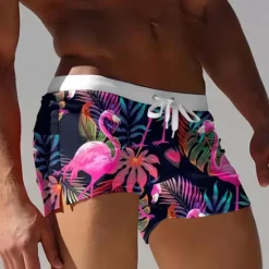 Online OUKU Men's Leaf Flamingo Plants Swim Shorts Swim Trunks Boxer Swim Shorts Mid Waist Fashion Designer Surfing Holiday Beach Pocket Drawstring Elastic Waist Designer Clothing Apparel Dark Blue