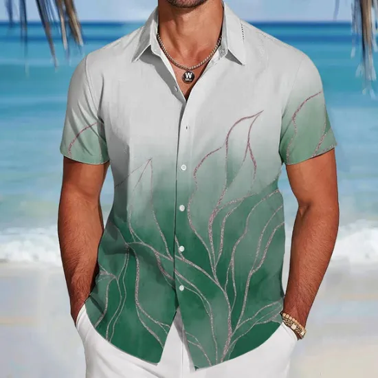 Sale OUKU Men's Leaf Gradient Color Tropical Plants Shirt Summer Hawaiian Shirt Button Up Shirt Short Sleeve Hawaiian Resort Vacation Holiday Beach Wear Summer Spring Turndown 3D Print Collared Shirts Blue