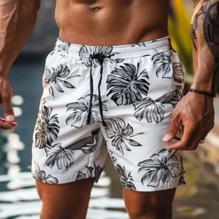 New OUKU Men's Leaf Graphic Prints Swim Trunks Swim Shorts Board Shorts Mid Waist Hawaiian Boho Casual Daily Holiday Drawstring with Mesh lining Elastic Waist Designer Clothing Apparel White