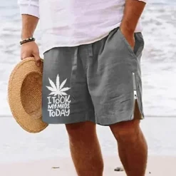 OUKU Men's Leaf Letter Shorts Summer Shorts Beach Shorts Mid Waist Hawaiian Casual Daily Holiday Going out Zipper Drawstring Elastic Waist Designer Clothing Apparel
